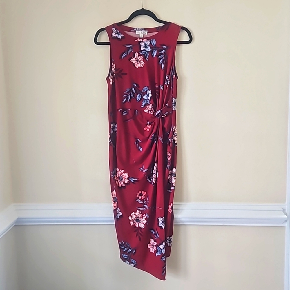 Nine Britton sarong style burgundy floral dress